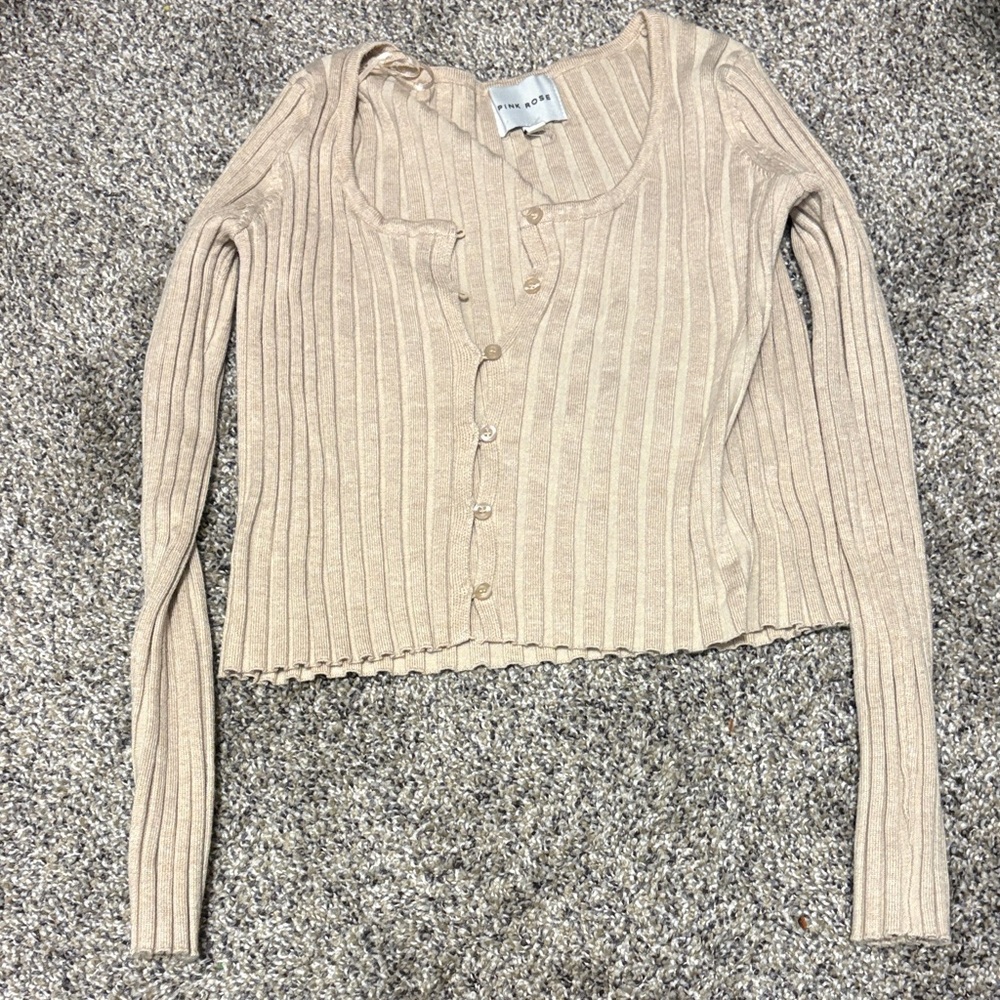 Pink Rose Cream Ribbed Knit Top
